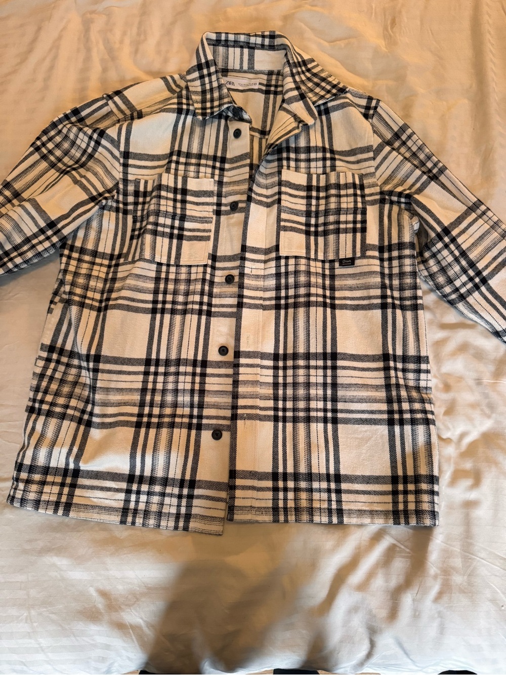 Zara Men's Cream & Black Plaid Shirt Jacket